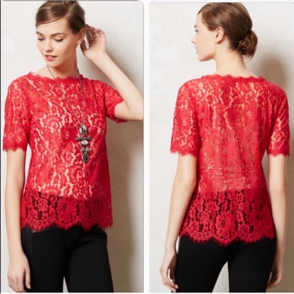 Vanessa Virginia Anthropologie red pink lace top M
